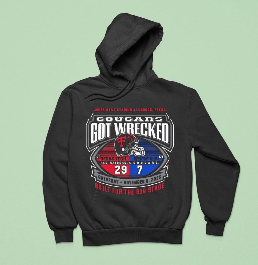 Cougars Got Wrecked Texas Tech Red Raiders And Byu Cougars 2025 Shirt Cougars Got Wrecked Texas Tech Red Raiders And Byu Cougars 2025 Shirt