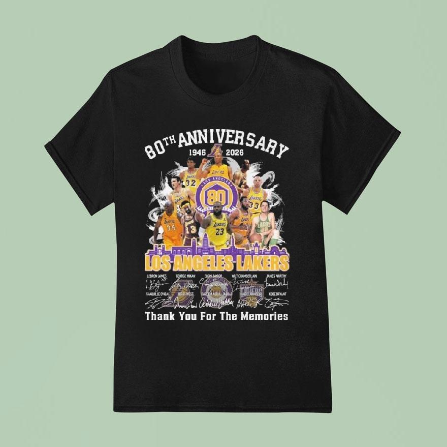 Los Angeles Lakers 80th Anniversary 1946-2026 Skyline Signatures Thank You For The Memories Shirt