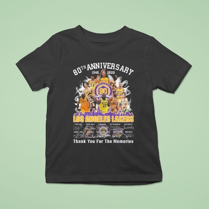Los Angeles Lakers 80th Anniversary 1946-2026 Skyline Signatures Thank You For The Memories Shirt