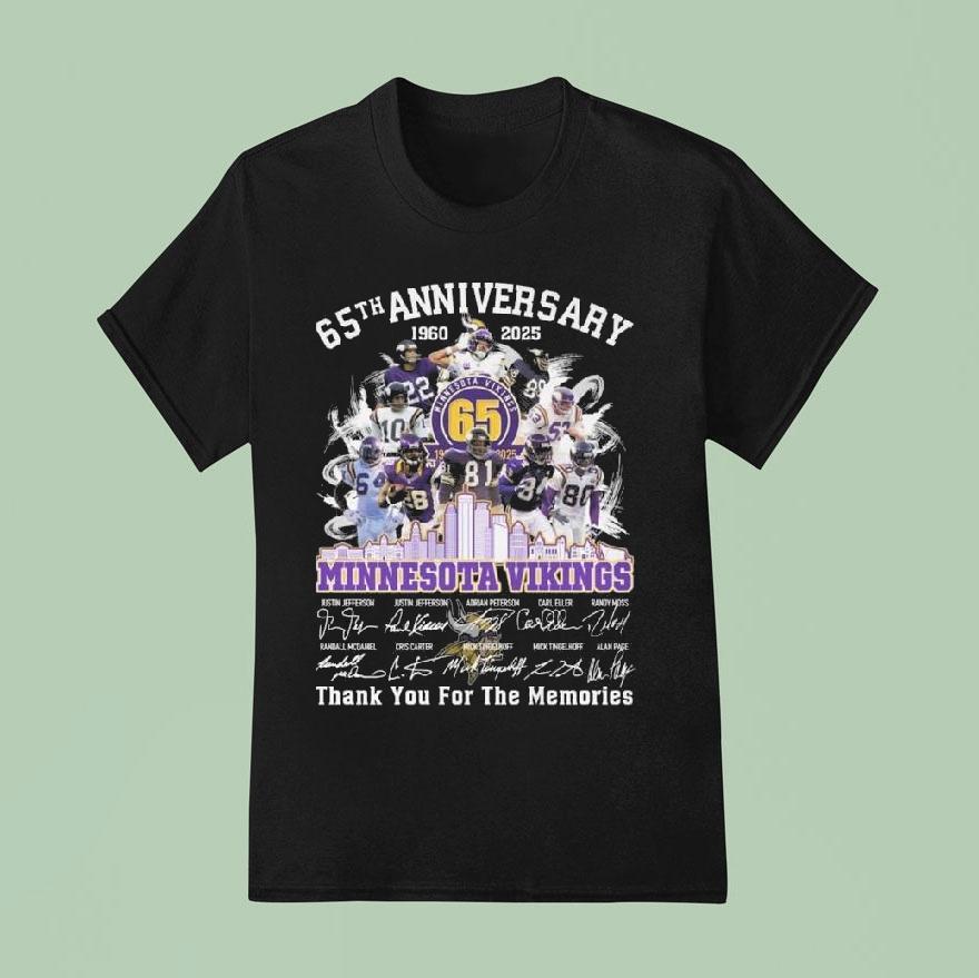 Minnesota Vikings 65th Anniversary 1960-2025 Skyline Signatures Thank You For The Memories Shirt