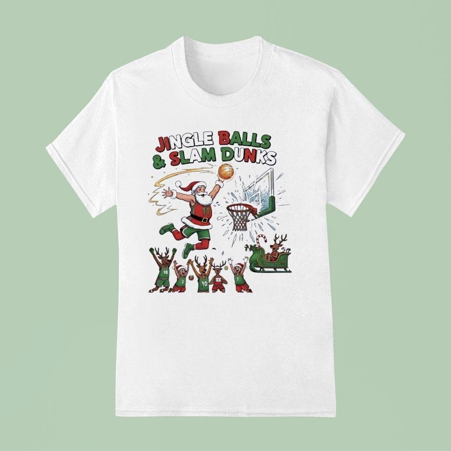 Santa Playing Basketball Jingle Balls And Slam Dunks Shirt