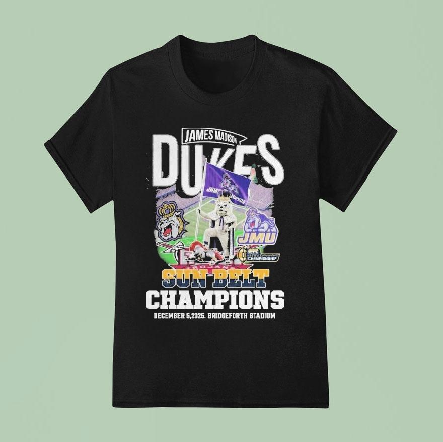 James Madison Dukes Stomp Troy Trojans Sun Belt Champions 2025 Bridgeforth Stadium Mascot Shirt