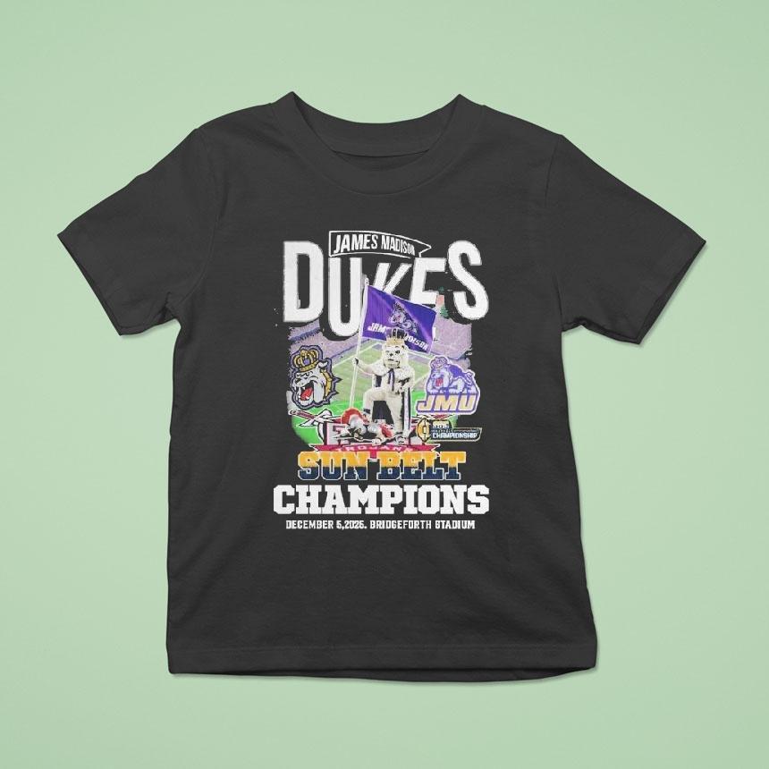 James Madison Dukes Stomp Troy Trojans Sun Belt Champions 2025 Bridgeforth Stadium Mascot Shirt