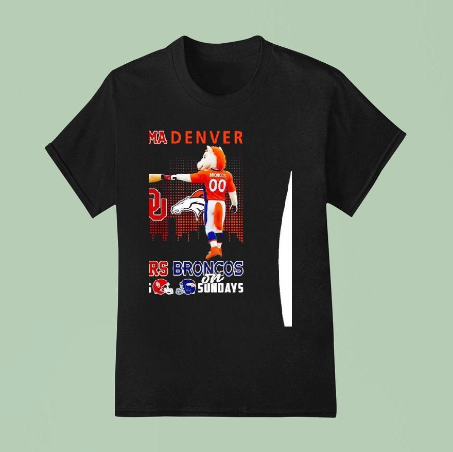 Oklahoma Sooners On Saturdays And Denver Broncos On Sunday Mascot With City Skyline Shirt