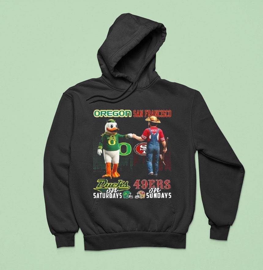 Oregon Ducks On Saturdays X San Francisco 49ers On Sundays Mascot 2025 Shirt Oregon Ducks On Saturdays X San Francisco 49ers On Sundays Mascot 2025 Shirt