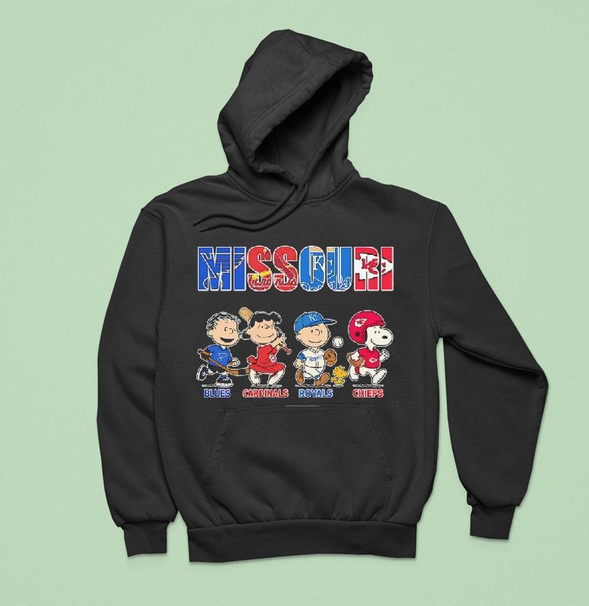 Peanuts Characters X Blues Cardinals Royals And Chiefs Missouri Sports Teams Shirt Peanuts Characters X Blues Cardinals Royals And Chiefs Missouri Sports Teams Shirt