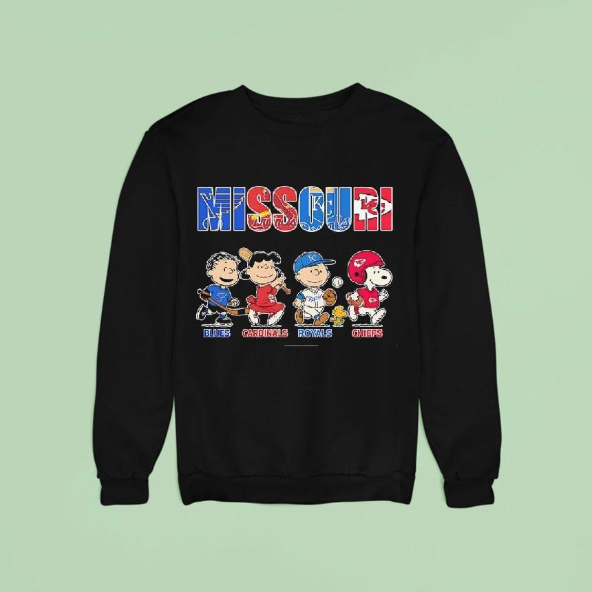 Peanuts Characters X Blues Cardinals Royals And Chiefs Missouri Sports Teams Shirt Peanuts Characters X Blues Cardinals Royals And Chiefs Missouri Sports Teams Shirt
