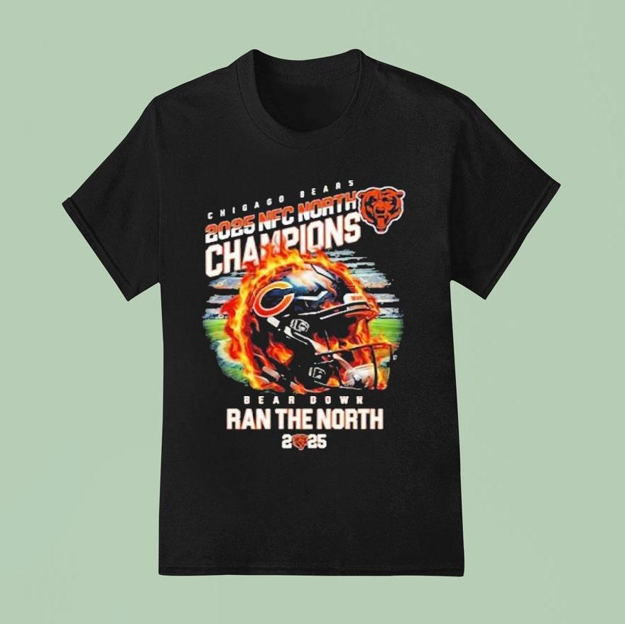 Chicago Bears 2025 Nfc North Champions Bear Down Ran The North Helmet Flames Shirt