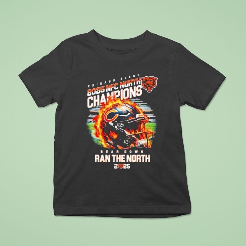 Chicago Bears 2025 Nfc North Champions Bear Down Ran The North Helmet Flames Shirt