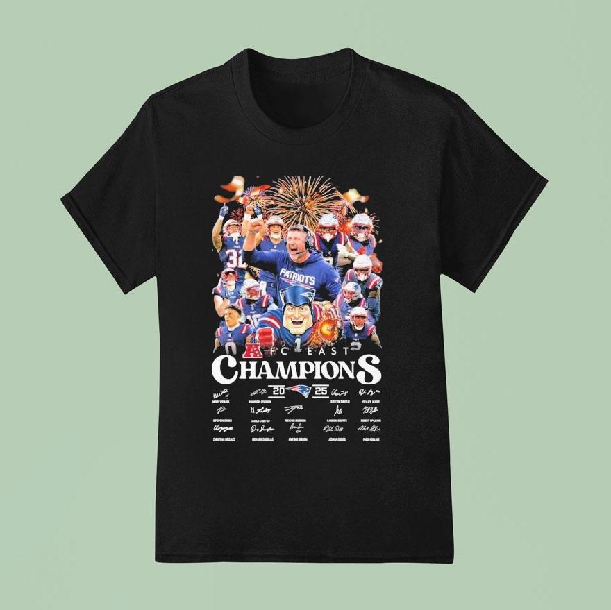 New England Patriots Afc East Champions 2025 Players Coach And Mascot Signatures Shirt
