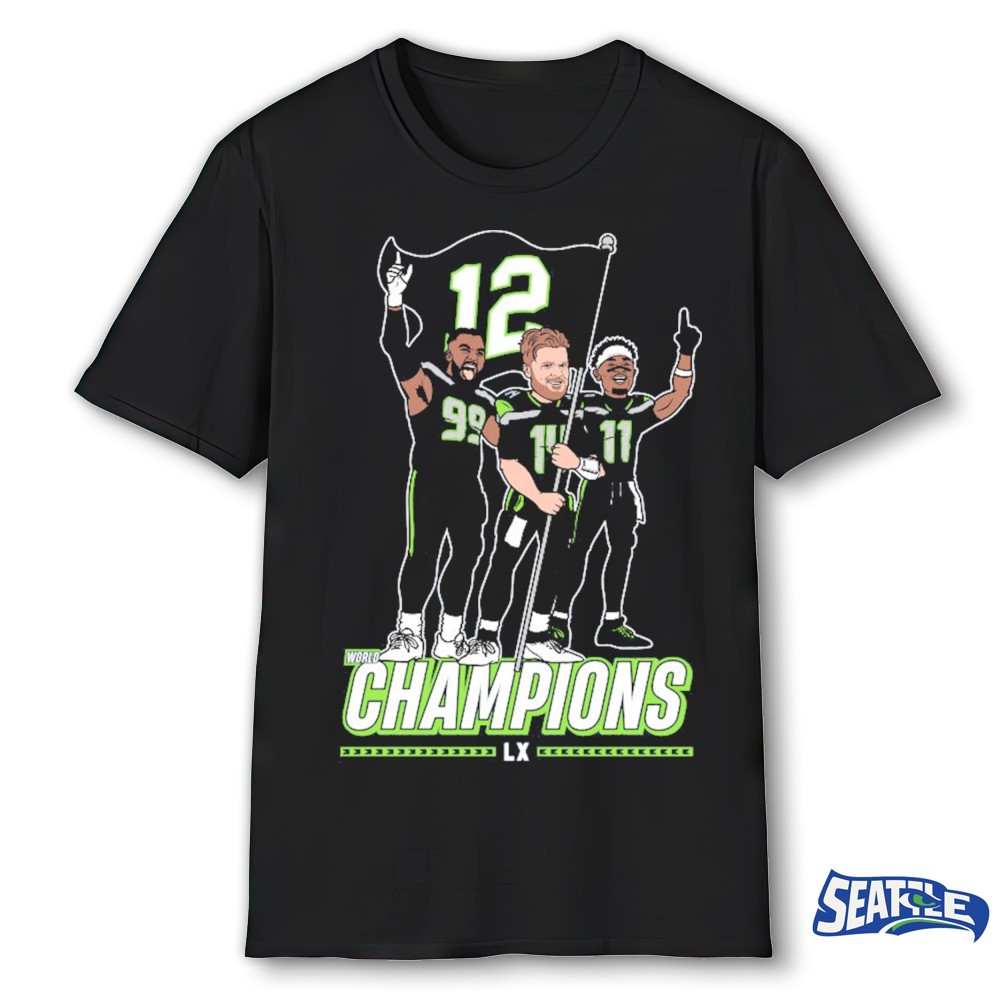 Flag Plant Sam Darnold, Jaxon Smith-Njigba, and Demarcus Lawrence Painting Seattle Seahawks 2025 NFL World Champions LX shirt