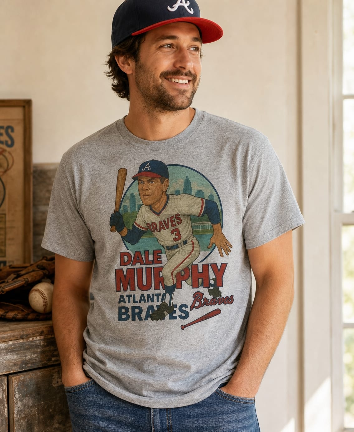 Atlanta Braves Dale Murphy Exclusive Retro Baseball Skyline 1982 Artwork T-Shirt