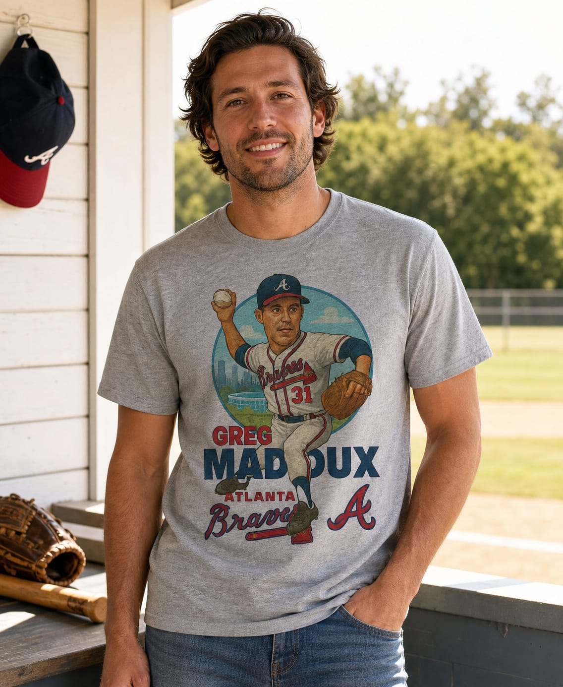 Atlanta Braves Greg Maddux Exclusive Retro Baseball Skyline 1993 Artwork T-Shirt