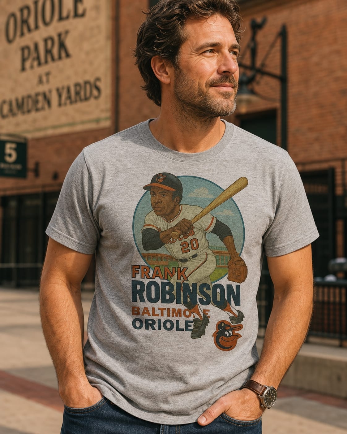 Baltimore Orioles Frank Robinson Exclusive Retro Baseball Skyline 1966 Artwork T-Shirt