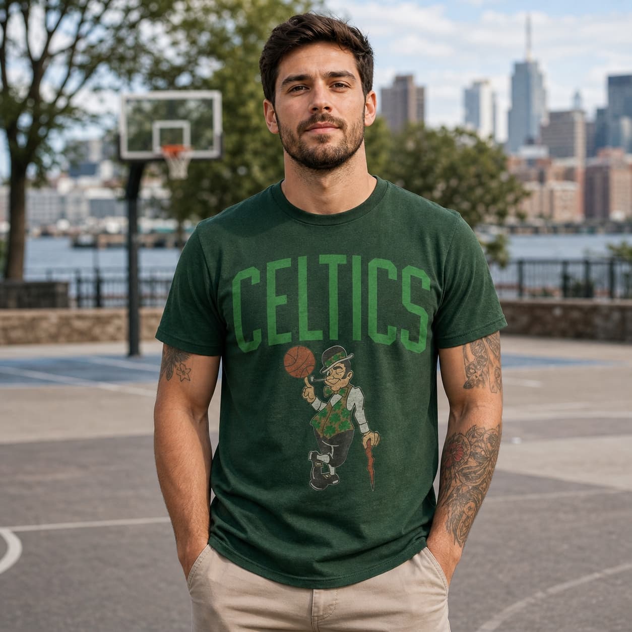 Boston Celtics Retro Basketball Mascot Jersey Lettering Shirt