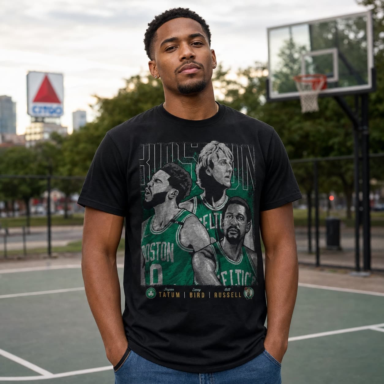 Boston Celtics Retro Past Future Tatum Bird Russell Basketball Shirt