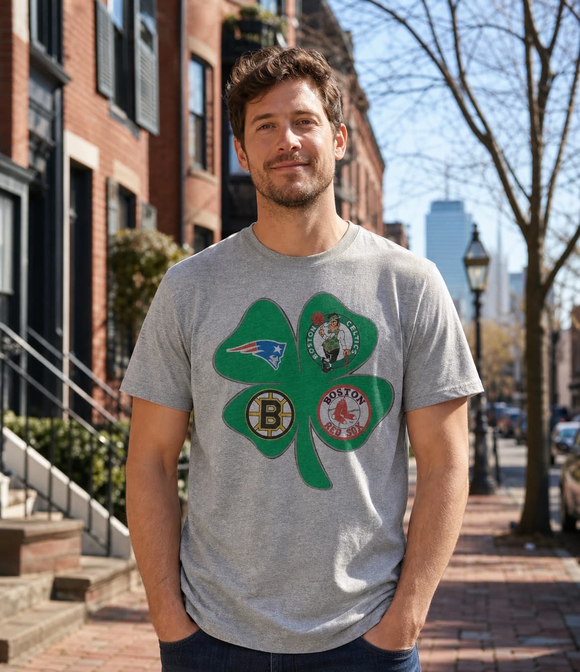 Boston Patriots Celtics Red Sox Bruins Vintage Football Baseball Basketball Hockey Clover Artwork Shirt