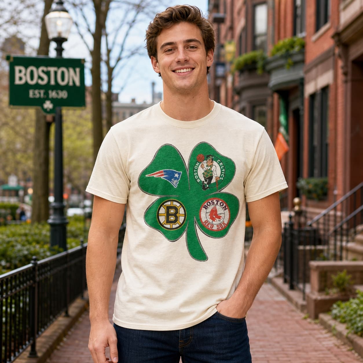Boston Patriots Celtics Red Sox Bruins Vintage Football Baseball Basketball Hockey Clover Shirt