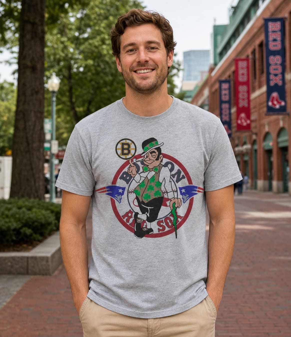 Boston Patriots Celtics Red Sox Bruins Vintage Football Baseball Basketball Hockey Mascot Artwork Shirt