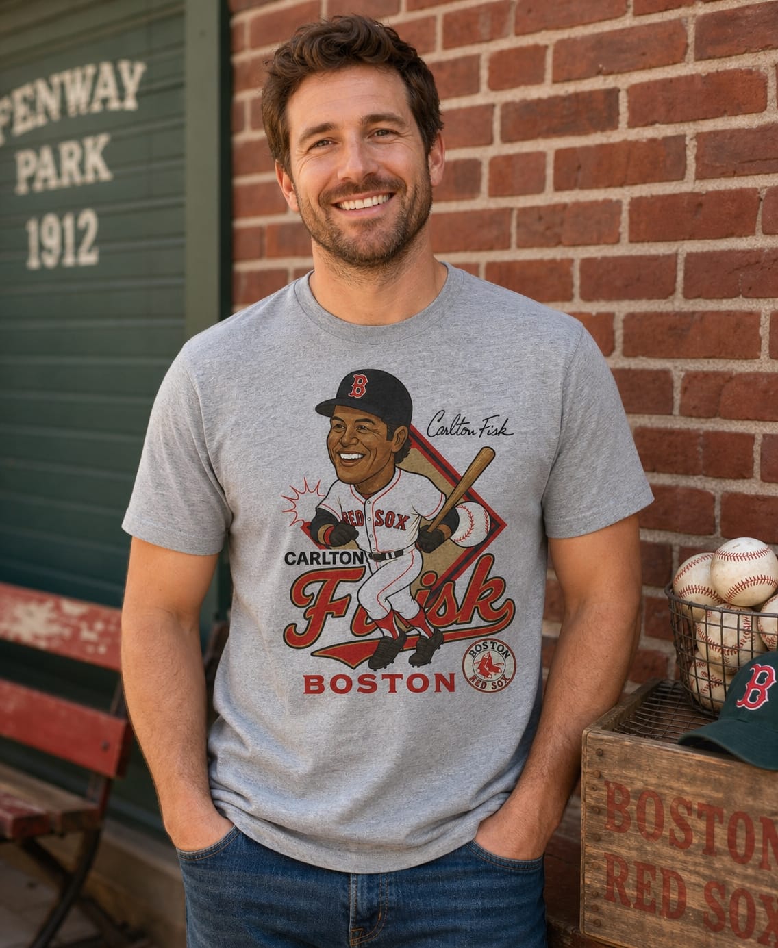 Boston Red Sox Carlton Fisk Exclusive Retro Baseball Caricature 1975 Artwork T-Shirt