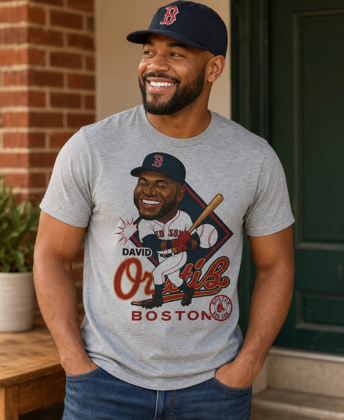Boston Red Sox David Ortiz Exclusive Retro Baseball Caricature Artwork T-Shirt