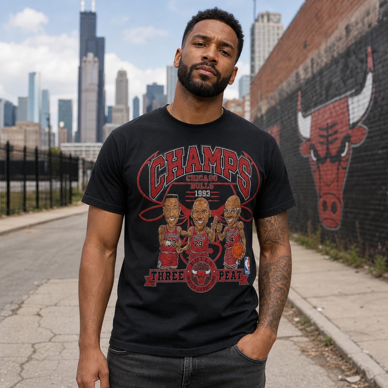 Chicago Bulls 3 Peat Champs Jordan Pippen Grant Retro Basketball 1993 T-Shirt