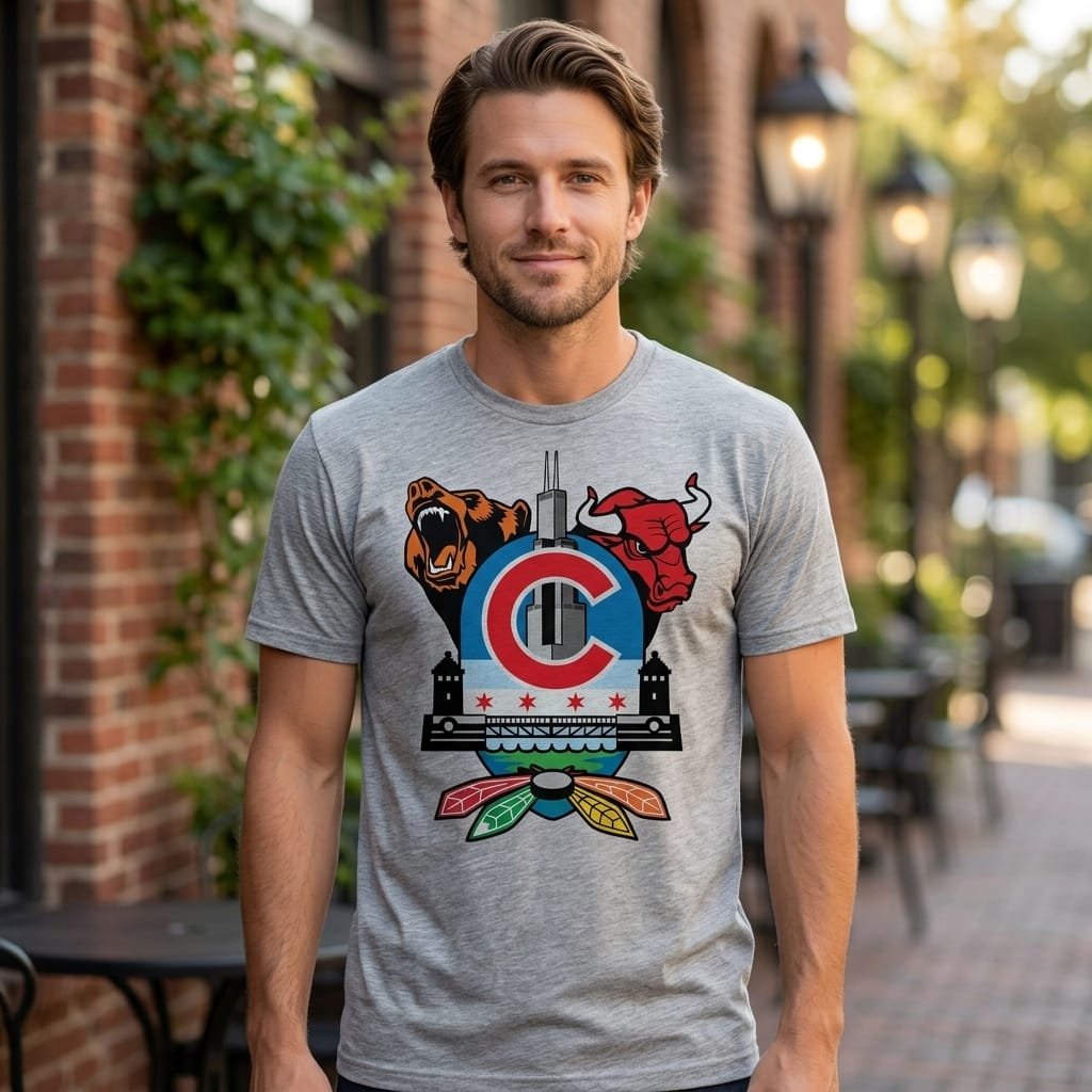 Chicago Bulls Bears Cubs Blackhawks Retro Football Baseball Basketball Hockey Artwork Shirt