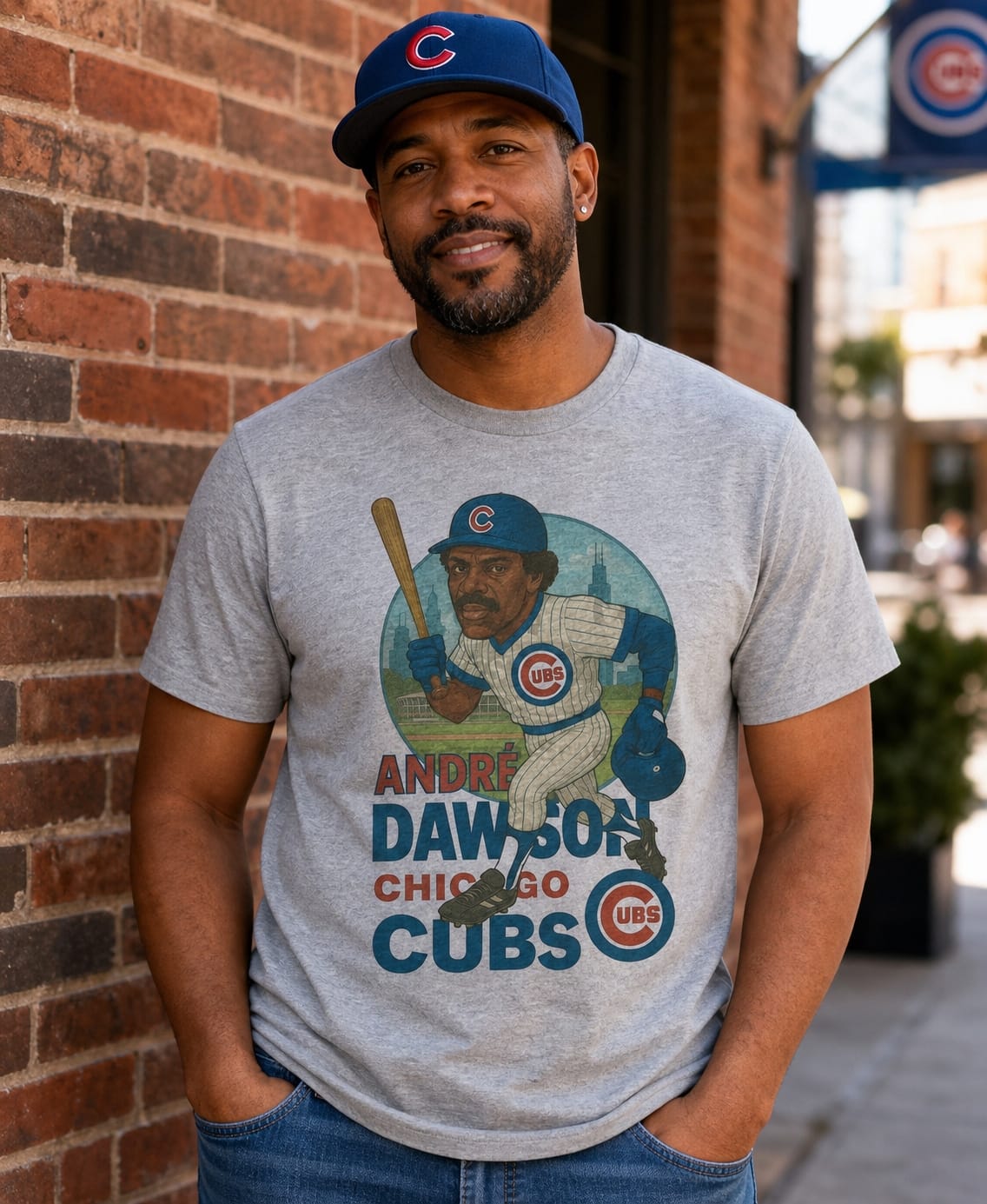 Chicago Cubs Andre Dawson Exclusive Retro Baseball Skyline 1987 Artwork T-Shirt