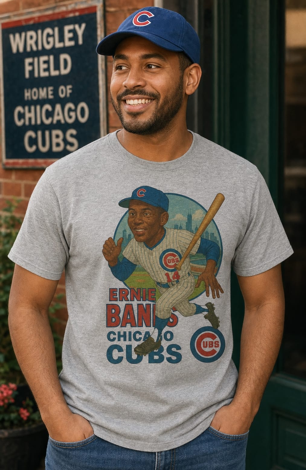 Chicago Cubs Ernie Banks Exclusive Retro Baseball Skyline 1958 Artwork T-Shirt
