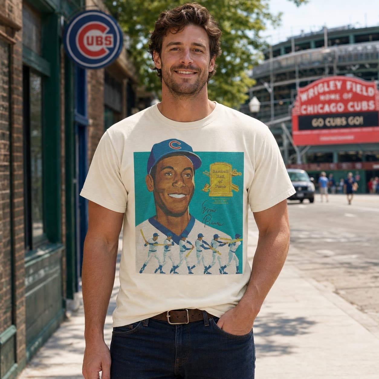 Chicago Cubs Retro Ernie Banks Baseball 1977 Artwork Shirt