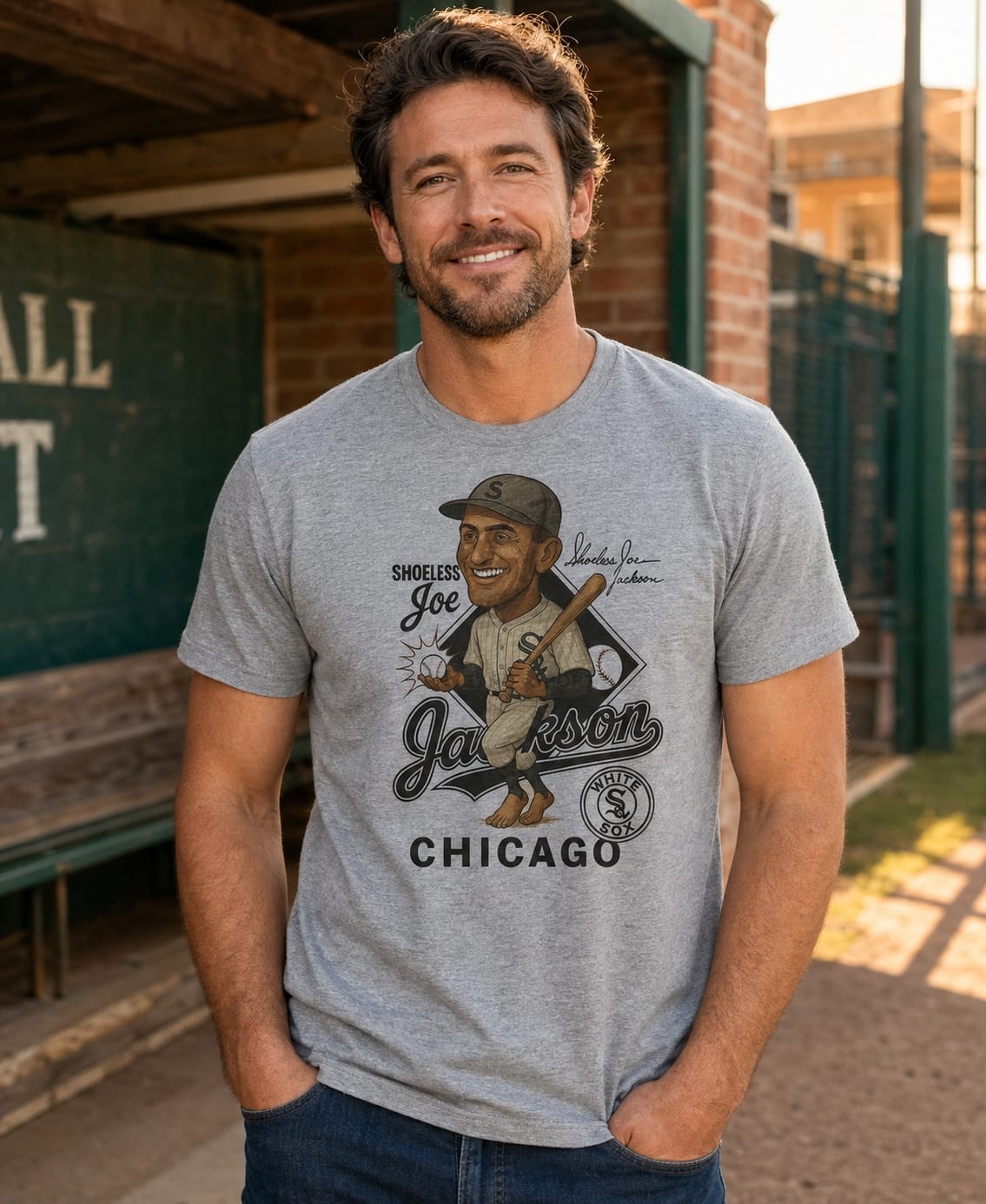 Chicago White Black Sox Shoeless Joe Jackson Exclusive Retro Baseball Caricature 1919 Artwork T-Shirt