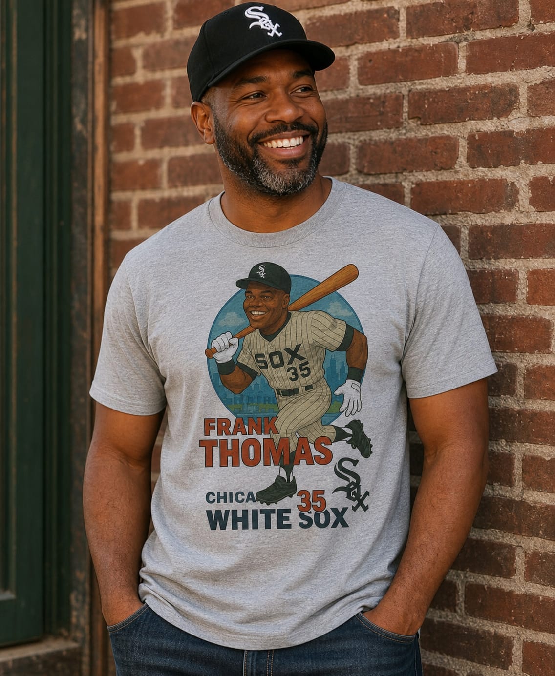 Chicago White Sox Frank Thomas Exclusive Retro Baseball Skyline 1990 Artwork T-Shirt