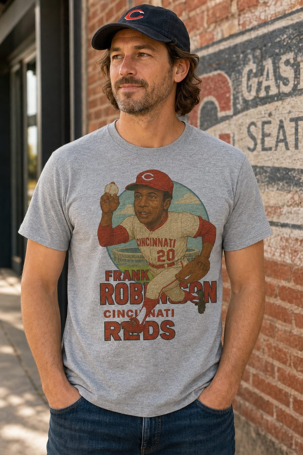 Cincinnati Reds Frank Robinson Exclusive Retro Baseball Skyline 1961 Artwork T-Shirt