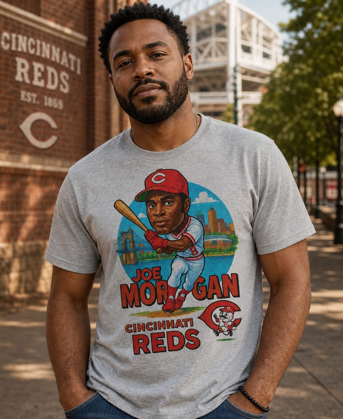 Cincinnati Reds Joe Morgan Exclusive Retro Baseball City Artwork T-Shirt