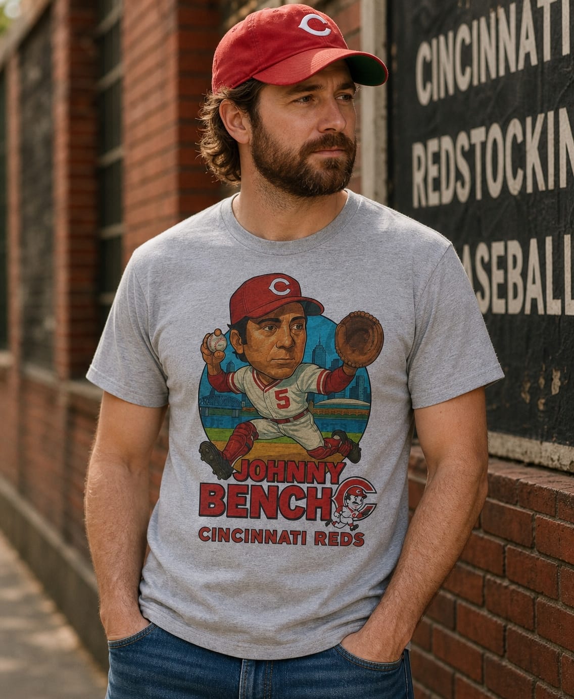 Cincinnati Reds Johnny Bench Exclusive Retro Baseball City Artwork T-Shirt