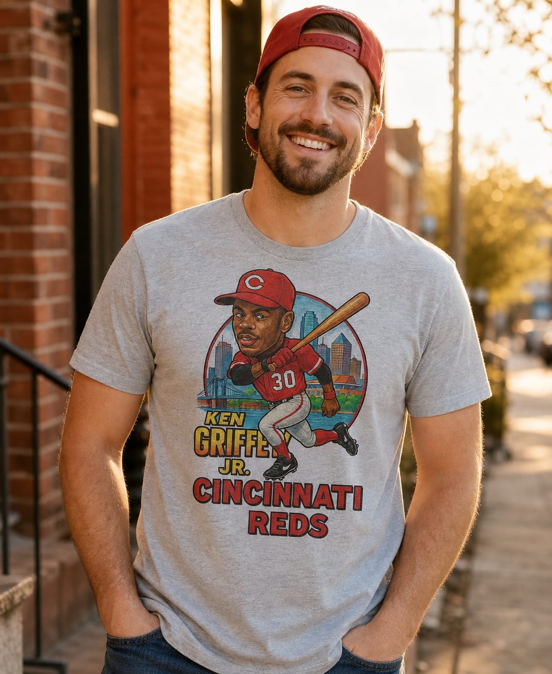 Cincinnati Reds Ken Griffey Jr. Exclusive Retro Baseball City Artwork T-Shirt