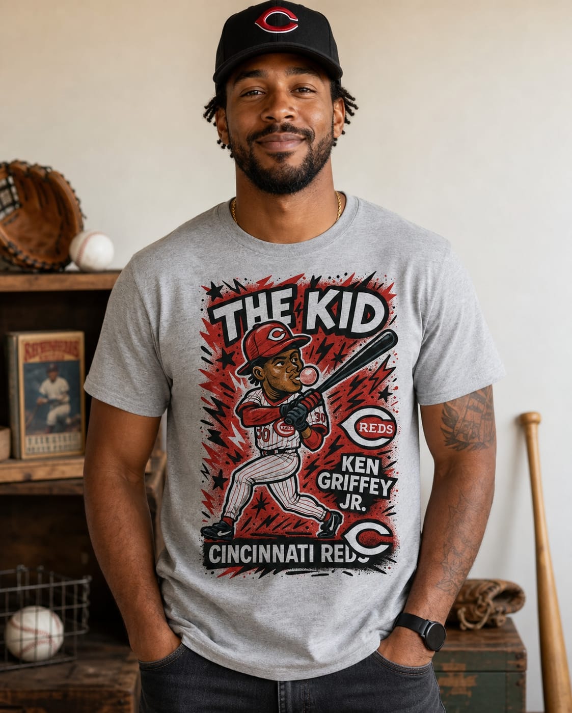 Cincinnati Reds Ken Griffey Jr. Graffiti Exclusive Retro Baseball Artwork T-Shirt