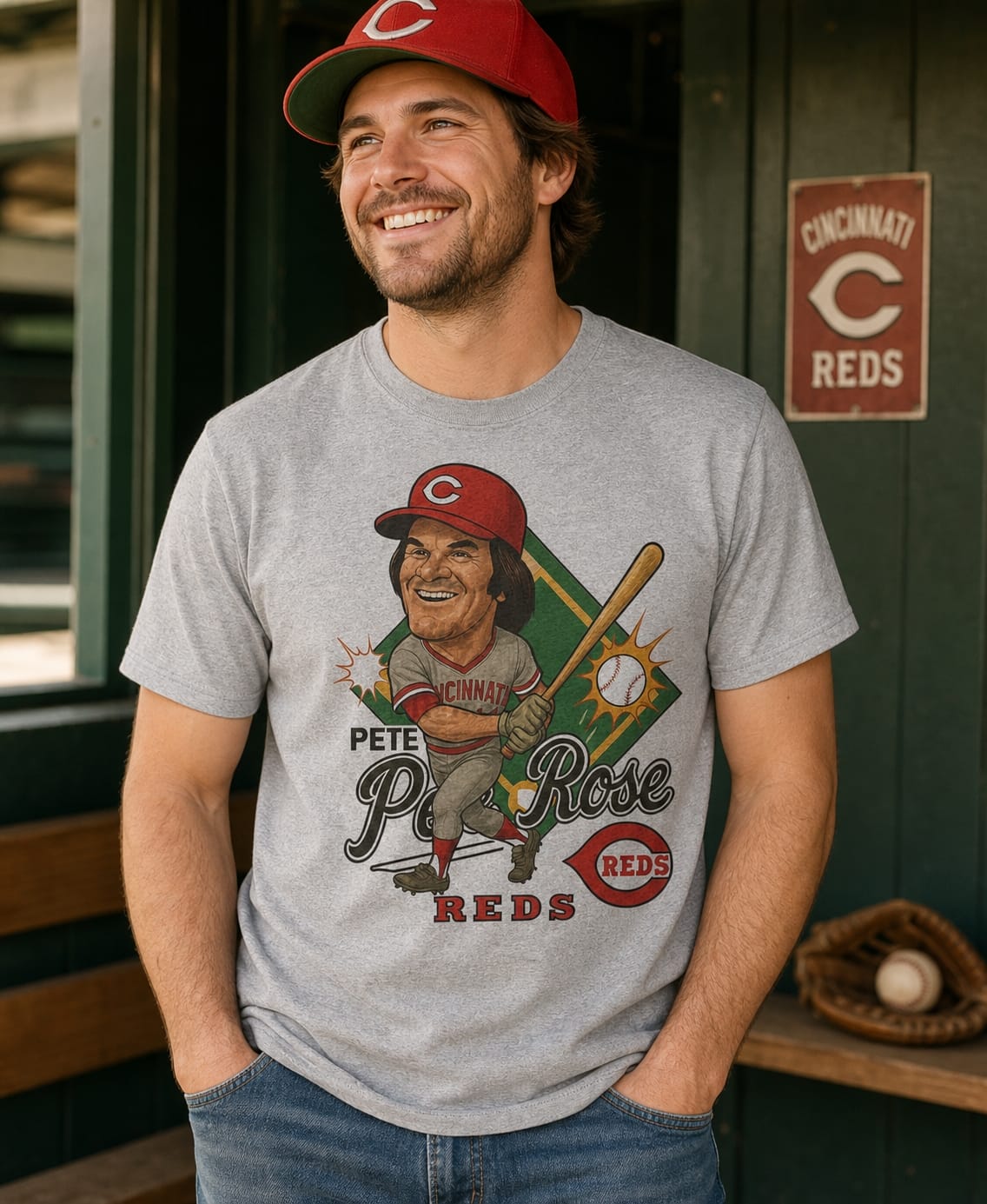 Cincinnati Reds Pete Rose Exclusive Retro Baseball 1977 Artwork T-Shirt