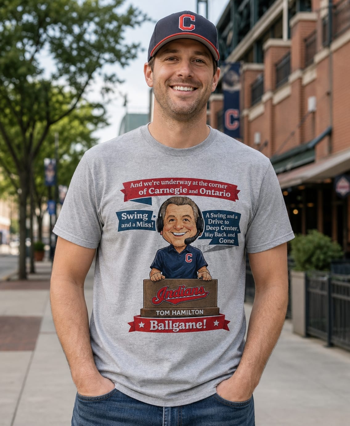 Cleveland Indians Announcer Tom Hamilton Frick Award Caricature Retro Gray Sublimated Shirt