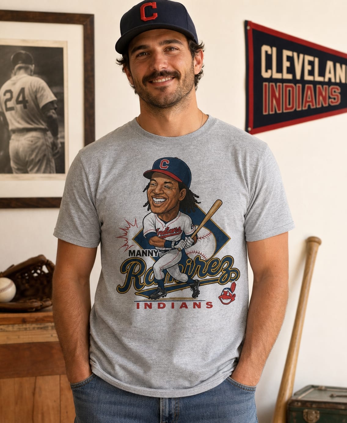 Cleveland Indians Manny Ramirez Exclusive Retro Caricature Baseball 1993 Artwork T-Shirt