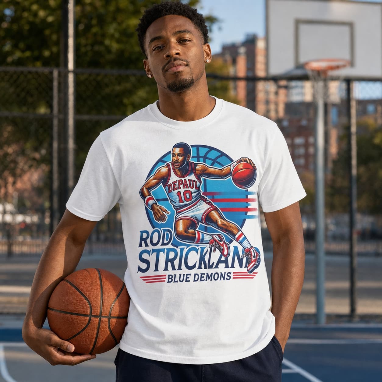 DePaul Blue Demons Rod Strickland Exclusive Retro March Madness Basketball Shirt