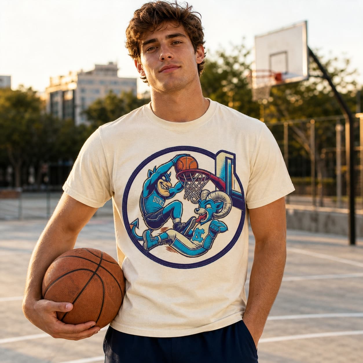 Duke Blue Devils vs. North Carolina Tar Heels Retro Rivalry Basketball Mascot Shirt