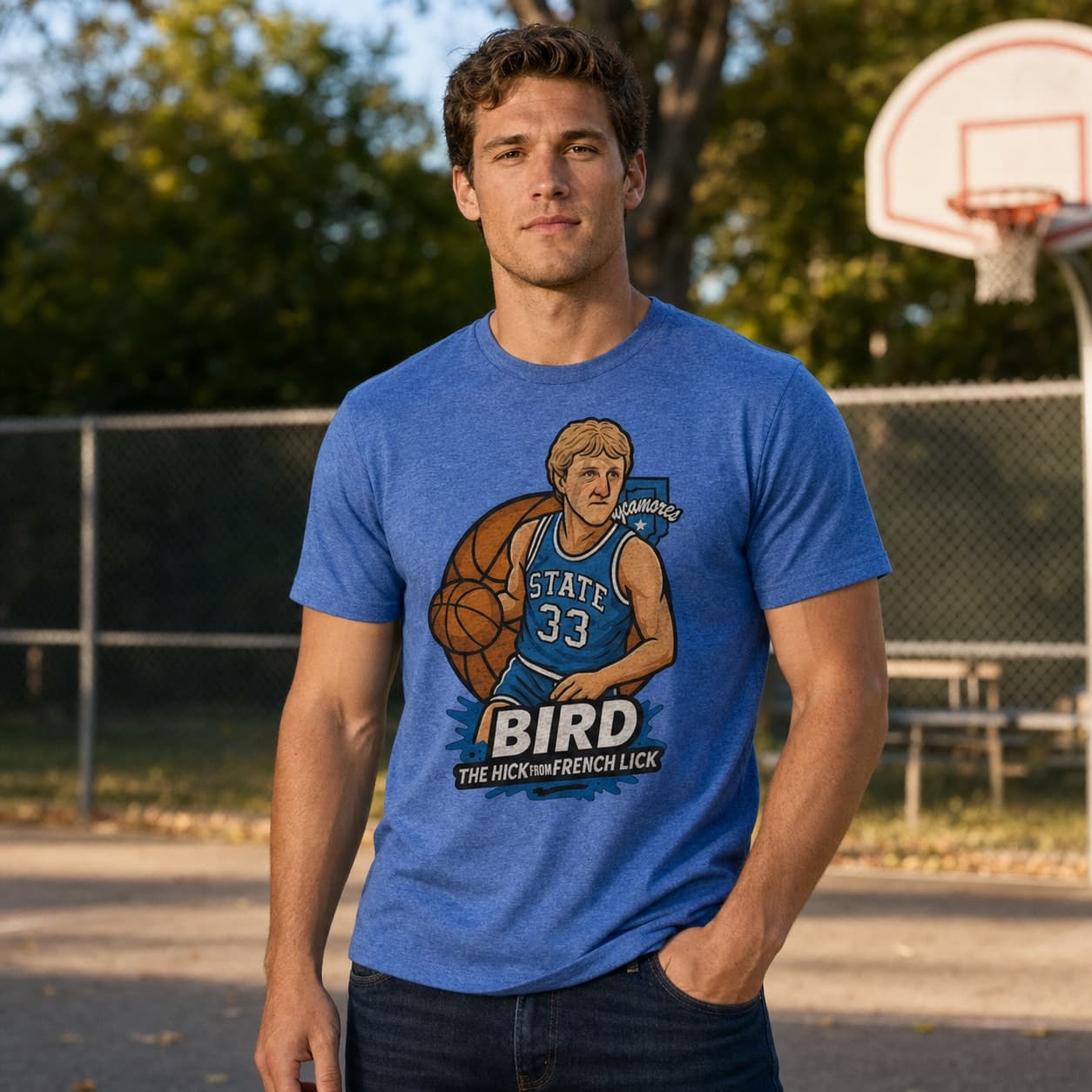 Indiana State Sycamores Larry Bird Hick From French Lick Exclusive Caricature Basketball Shirt
