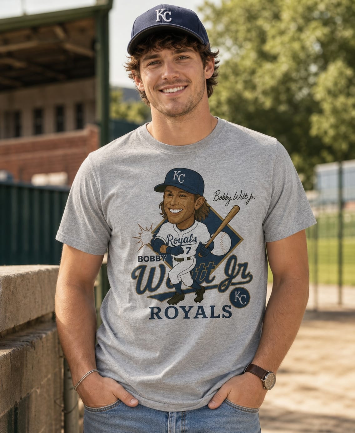 Kansas City Royals Bobby Witt Jr. Exclusive Retro Baseball Caricature Artwork T-Shirt