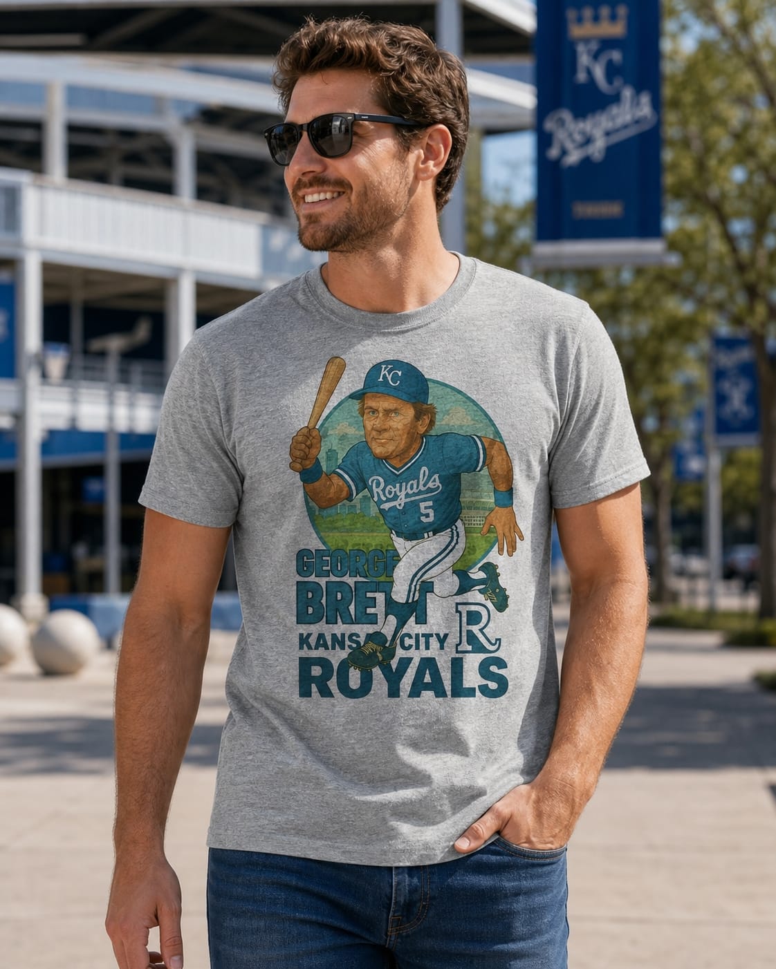 Kansas City Royals George Brett Exclusive Retro Baseball Skyline 1982 Artwork T-Shirt