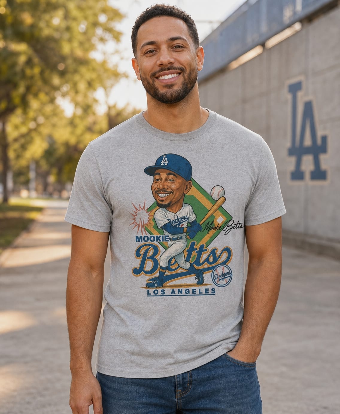 Los Angeles Dodgers Mookie Betts Exclusive Retro Baseball Caricature Artwork T-Shirt