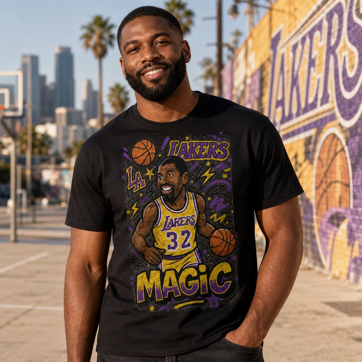 Los Angeles Lakers Magic Johnson Exclusive Graffiti Basketball Shirt