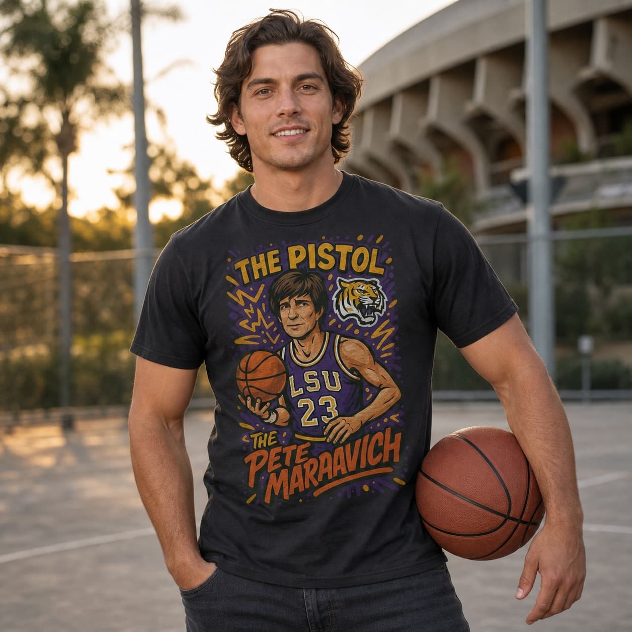 LSU Tigers Pistol Pete Maravich Exclusive Caricature Basketball Shirt