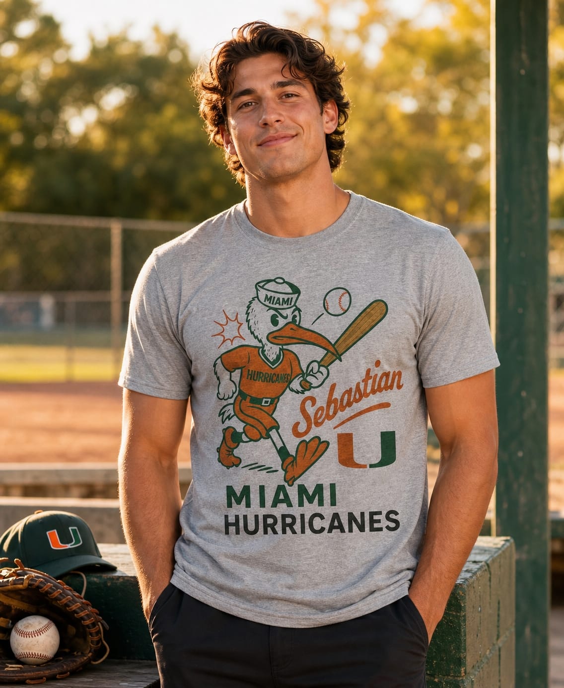 Miami Hurricanes Sebastian Ibis Mascot Retro Baseball Artwork Shirt