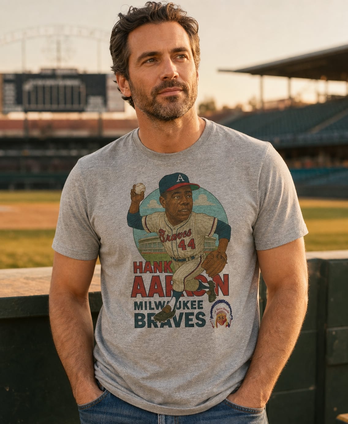 Milwaukee Braves Hank Aaron Exclusive Retro Baseball Skyline 1961 Artwork T-Shirt